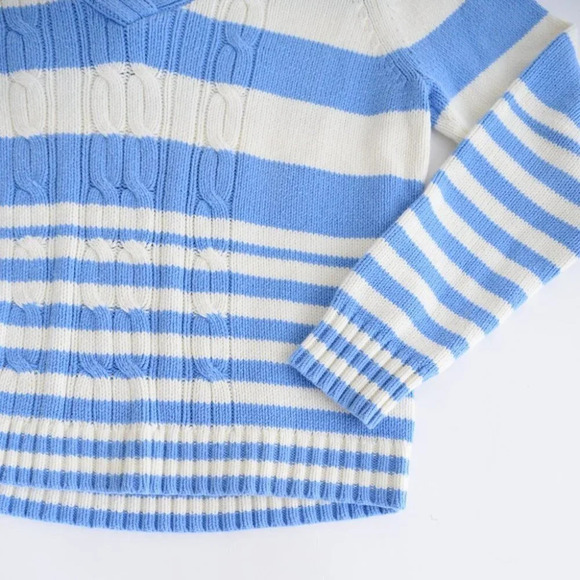 Vintage 90's Y2K Tommy Hilfiger Blue & White Stripe V-Neck Long Sleeve Sweater - Picture 7 of 12